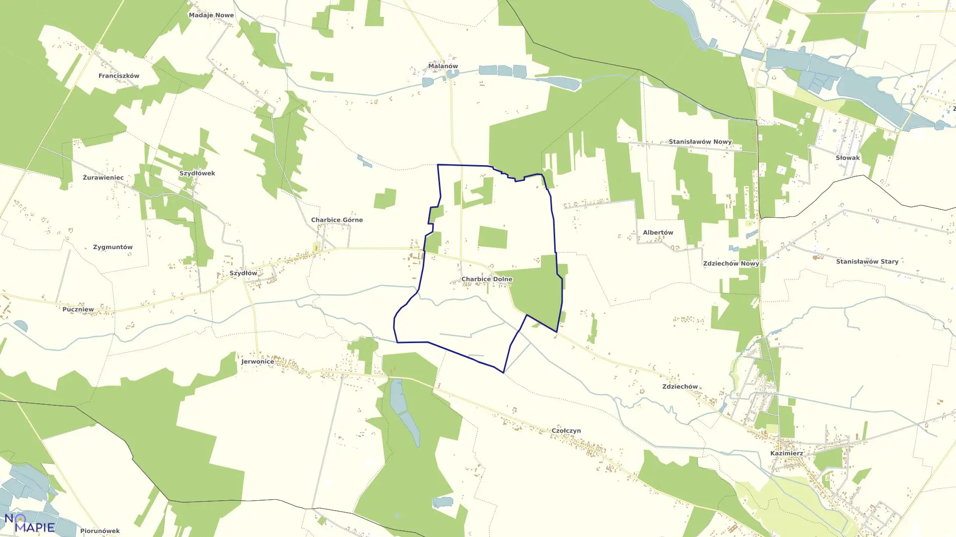 Mapa obrębu CHARBICE DOLNE w gminie Lutomiersk