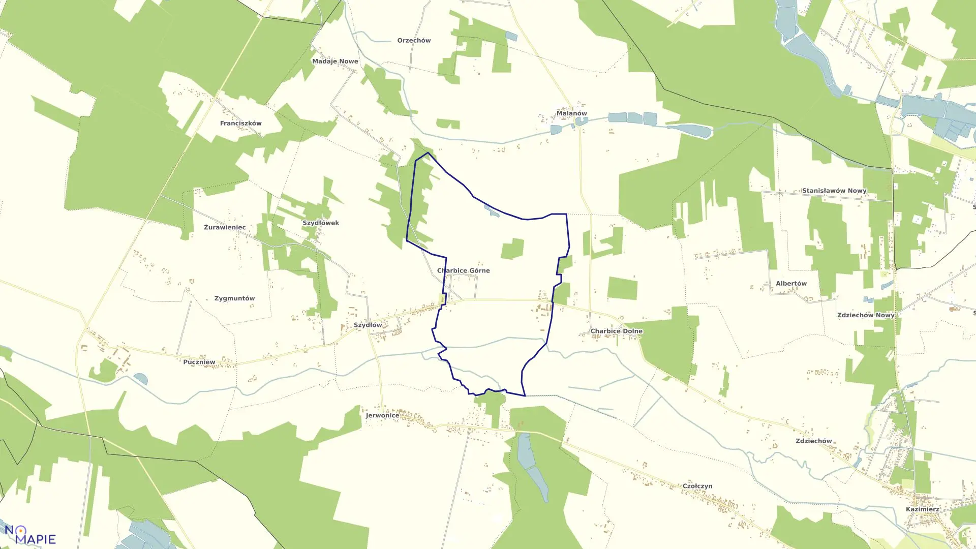Mapa obrębu CHARBICE GÓRNE w gminie Lutomiersk